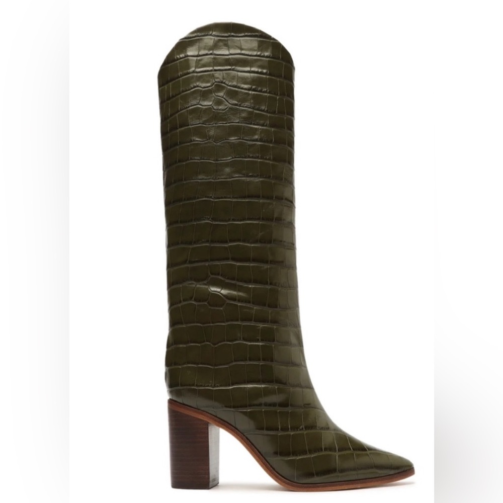 Maryana Block Crocodile-Embossed Leather Boot Military Green